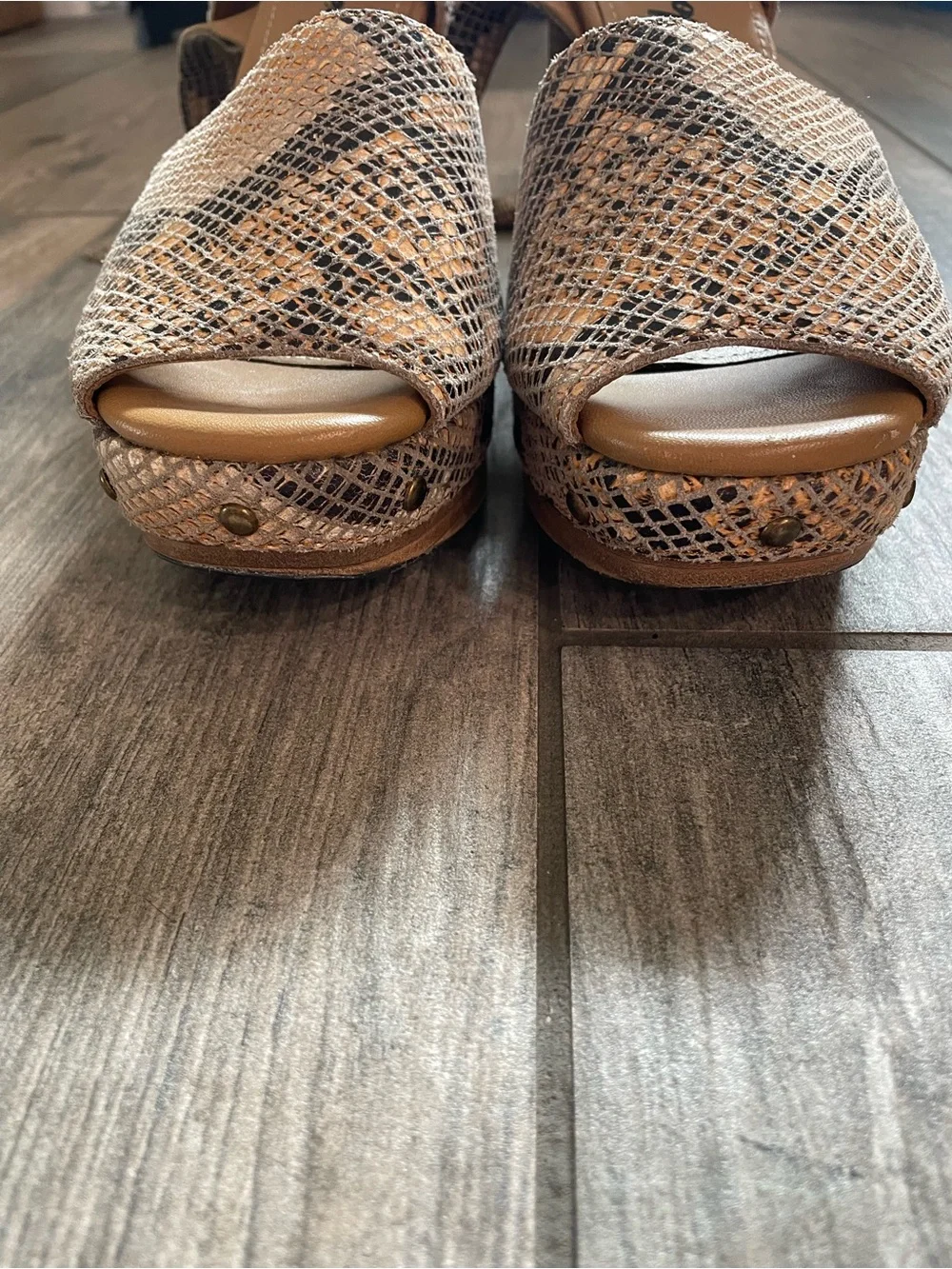 Free People Tan Snake-Print Block Heel Sandals